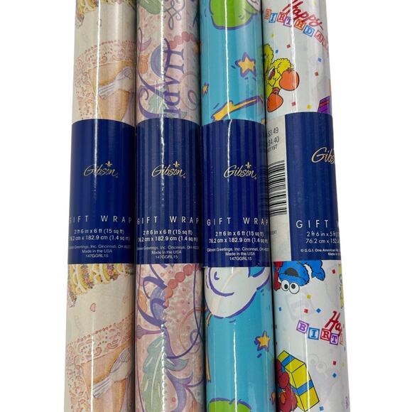 4 Vintage Gibson Wrapping Paper Gift Wrap Rolls 12.5 Sq Feet New Big Bird, Girls - Picture 2 of 5